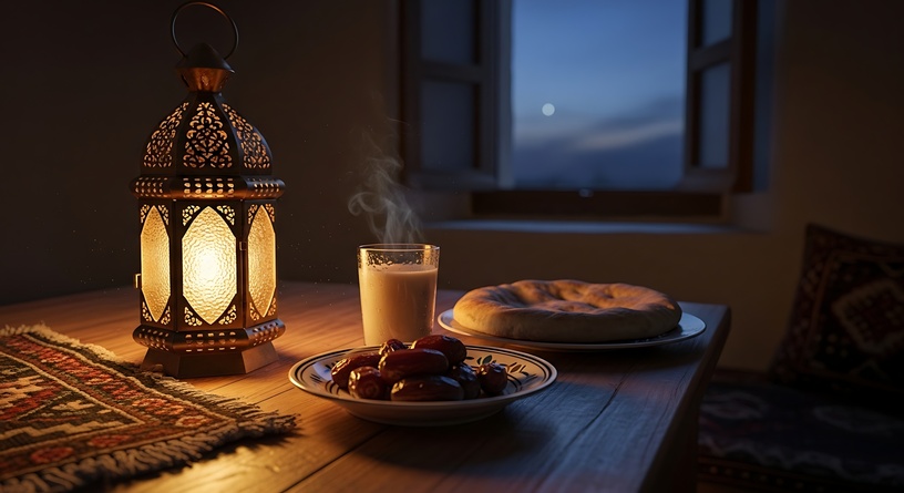 ramadan iftar meal with dates steaming milk and bread illuminated by a traditional lantern in a peaceful evening setting.